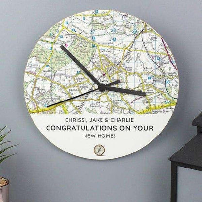 Personalised Present Day Map Compass Wooden Clock - Myhappymoments.co.uk