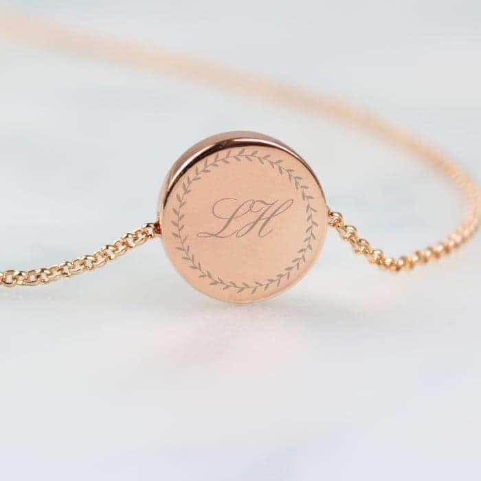 Personalised Wreath Initials Rose Gold Tone Disc Necklace - Myhappymoments.co.uk