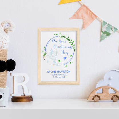 Personalised On Your Christening Day Dove Natural Framed Print