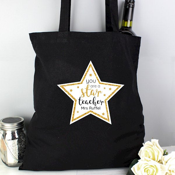 Personalised You Are A Star Teacher Black Cotton Bag