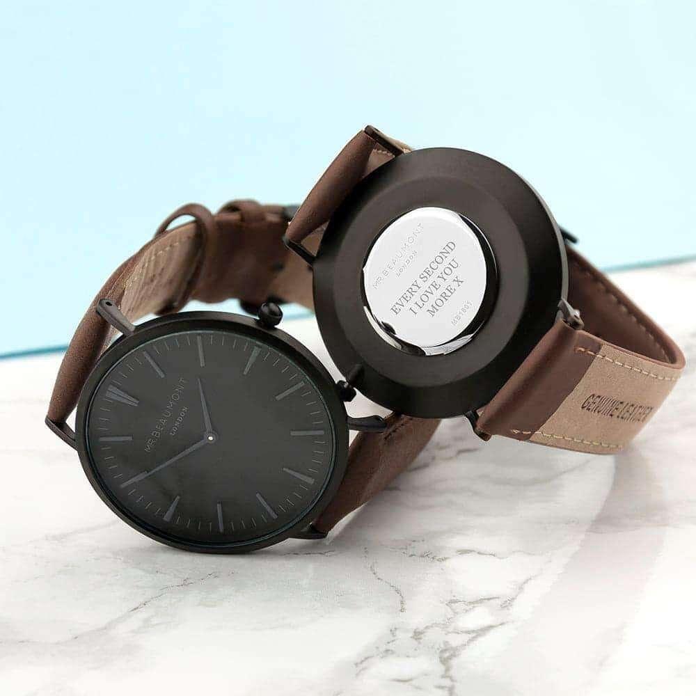 Personalised Modern-Vintage Men’s Mr Beaumont Watch With Black Face in Brown - Myhappymoments.co.uk