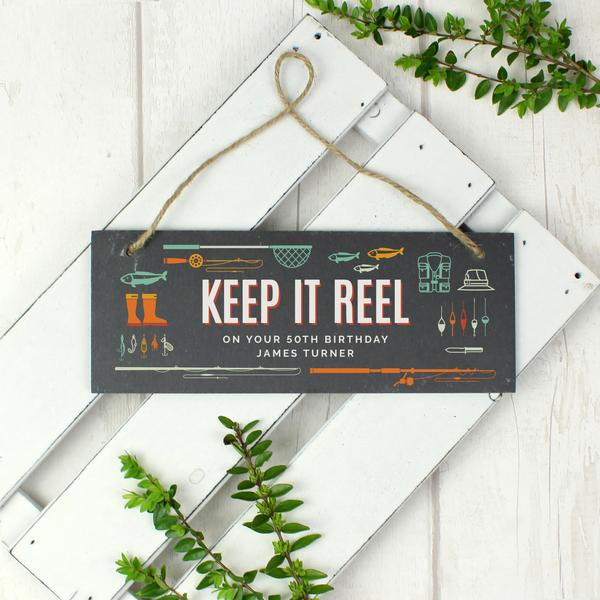 Personalised Keep It Reel Fishing Printed Hanging Slate Plaque - Myhappymoments.co.uk