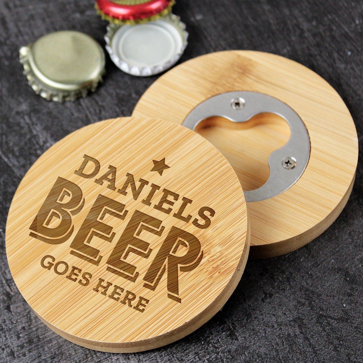 Personalised Beer Goes Here Bamboo Bottle Opener Coaster