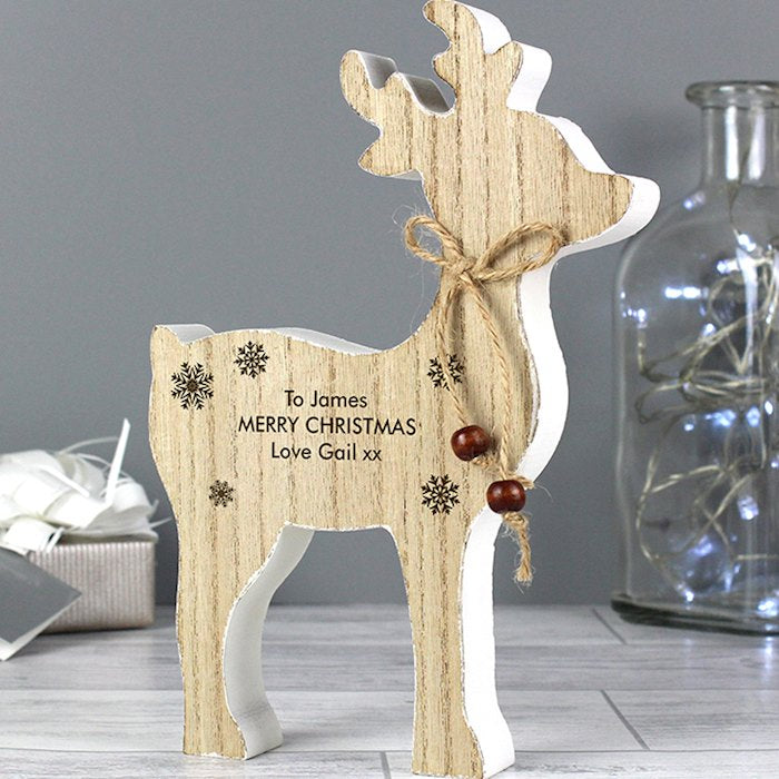 Personalised Rustic Wooden Reindeer Christmas Decoration - Myhappymoments.co.uk