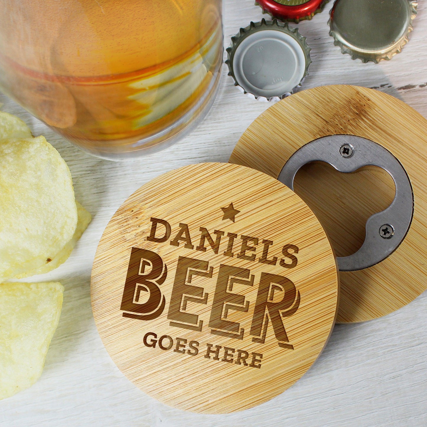 Personalised Beer Goes Here Bamboo Bottle Opener Coaster