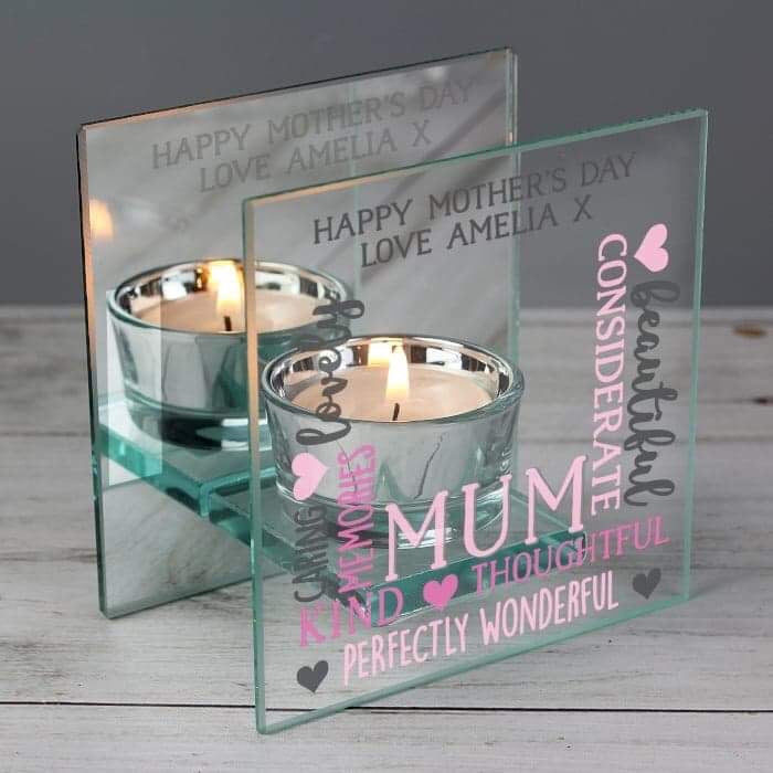 Personalised Mum Mirrored Glass Tea Light Holder