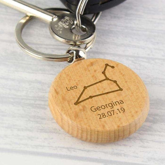 Personalised Leo Zodiac Star Sign Wooden Keyring (July 23rd - August 22nd) - Myhappymoments.co.uk