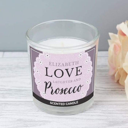 Personalised Lilac Lace Love Laughter & Prosecco Scented Jar Candle - Myhappymoments.co.uk