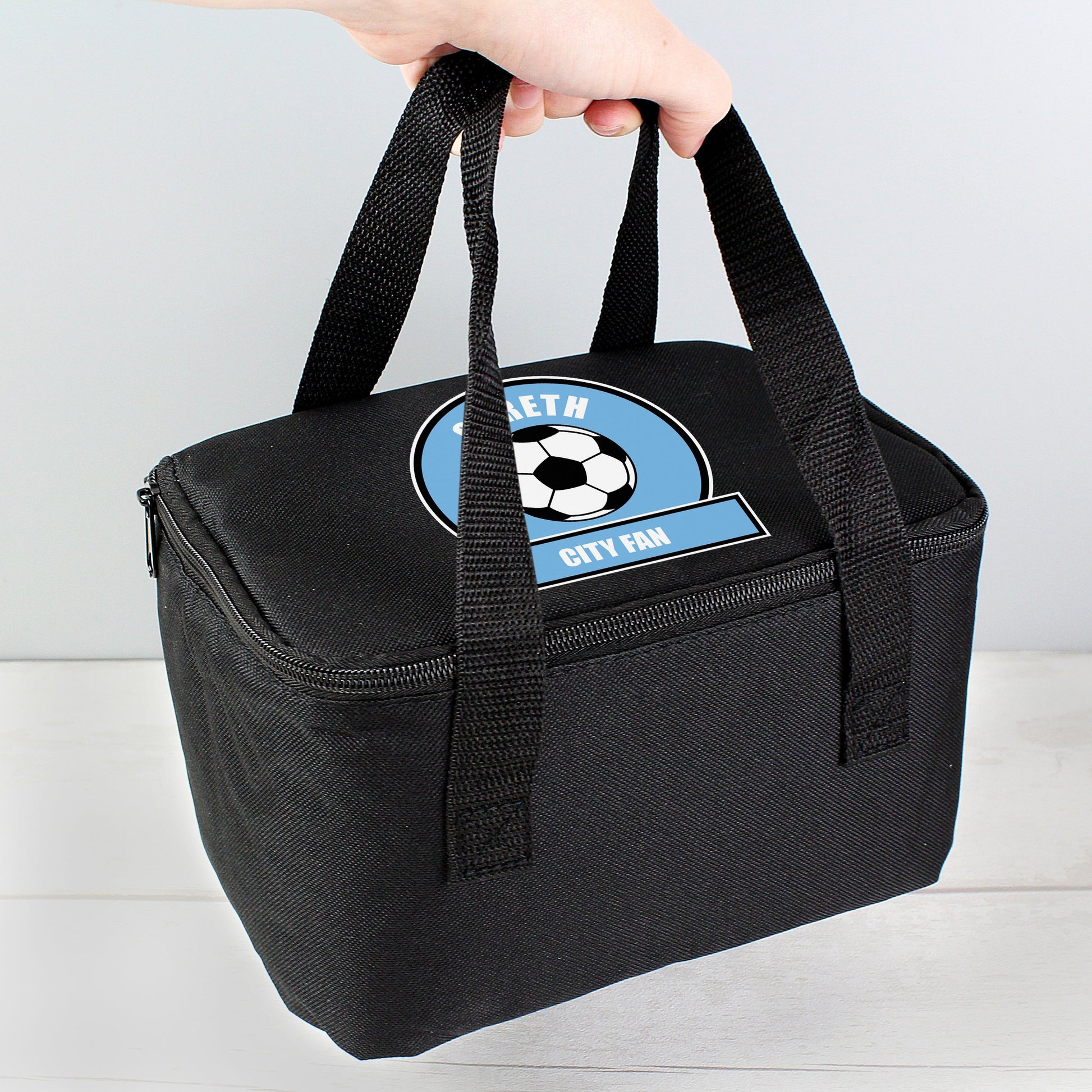 Personalised Sky Blue Football Fan Lunch Bag