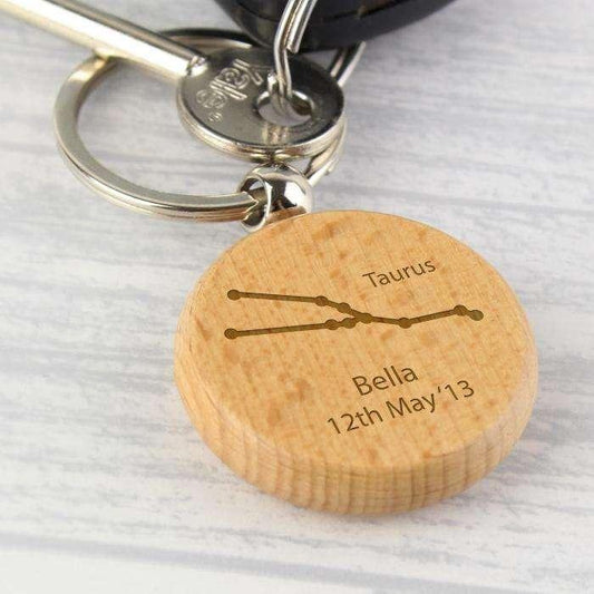 Personalised Taurus Zodiac Star Sign Wooden Keyring (April 20th - May 20th) - Myhappymoments.co.uk