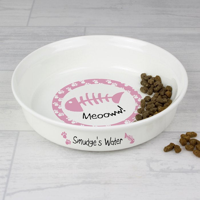 Personalised Pink Fish Bone Design Cat Bowl - Myhappymoments.co.uk