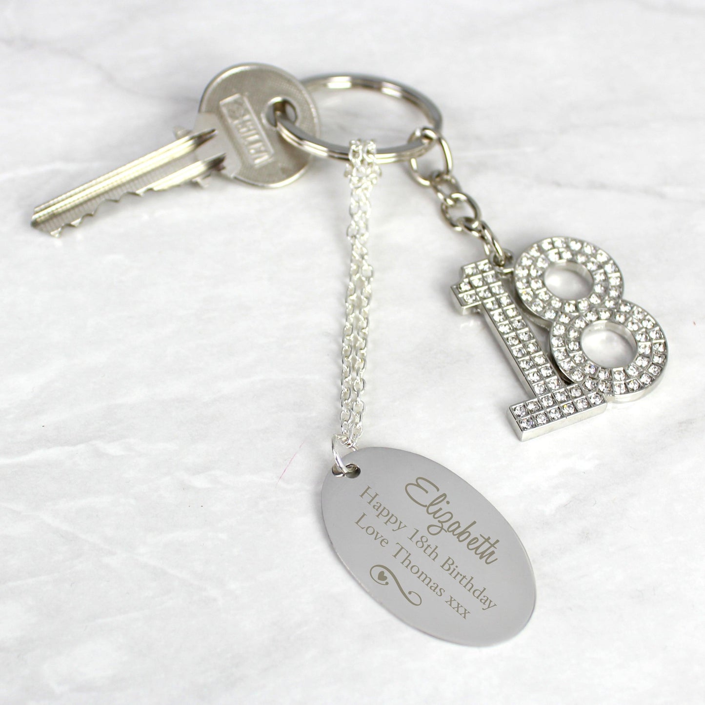 Personalised Swirls & Hearts Diamante 18th Birthday Keyring