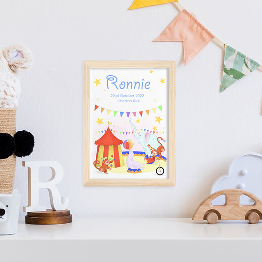 Personalised Circus Fun Natural Framed Print