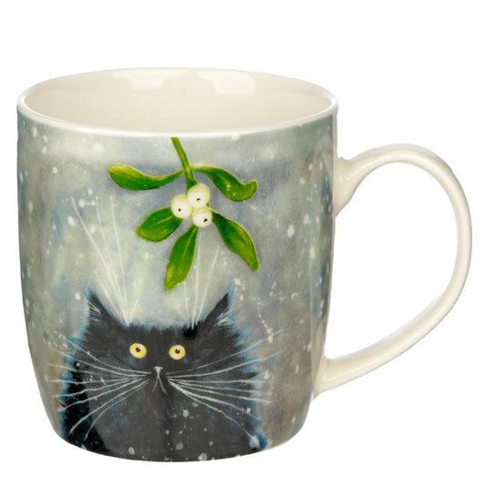 Kim Haskins Christmas Mistletoe Cat Porcelain Mug