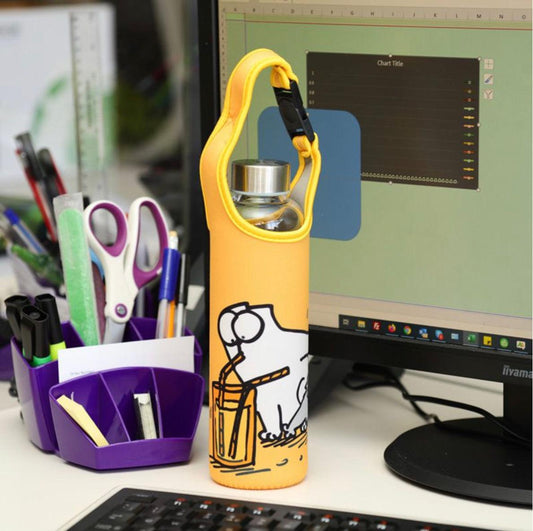 Simon's Cat Reusable Glass Water Bottle with Protective Neoprene Sleeve with Strap