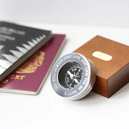 Personalised Engraved Brass Silver Chrome Compass With Timber Box & Gift Box