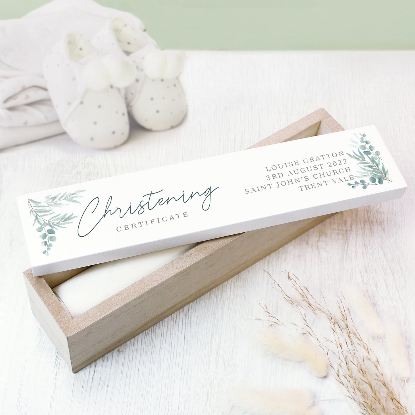 Personalised Botanical Christening Wooden Certificate Holder