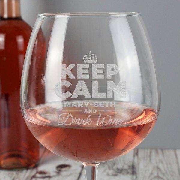 Personalised Keep Calm Bottle of Wine Glass - Myhappymoments.co.uk