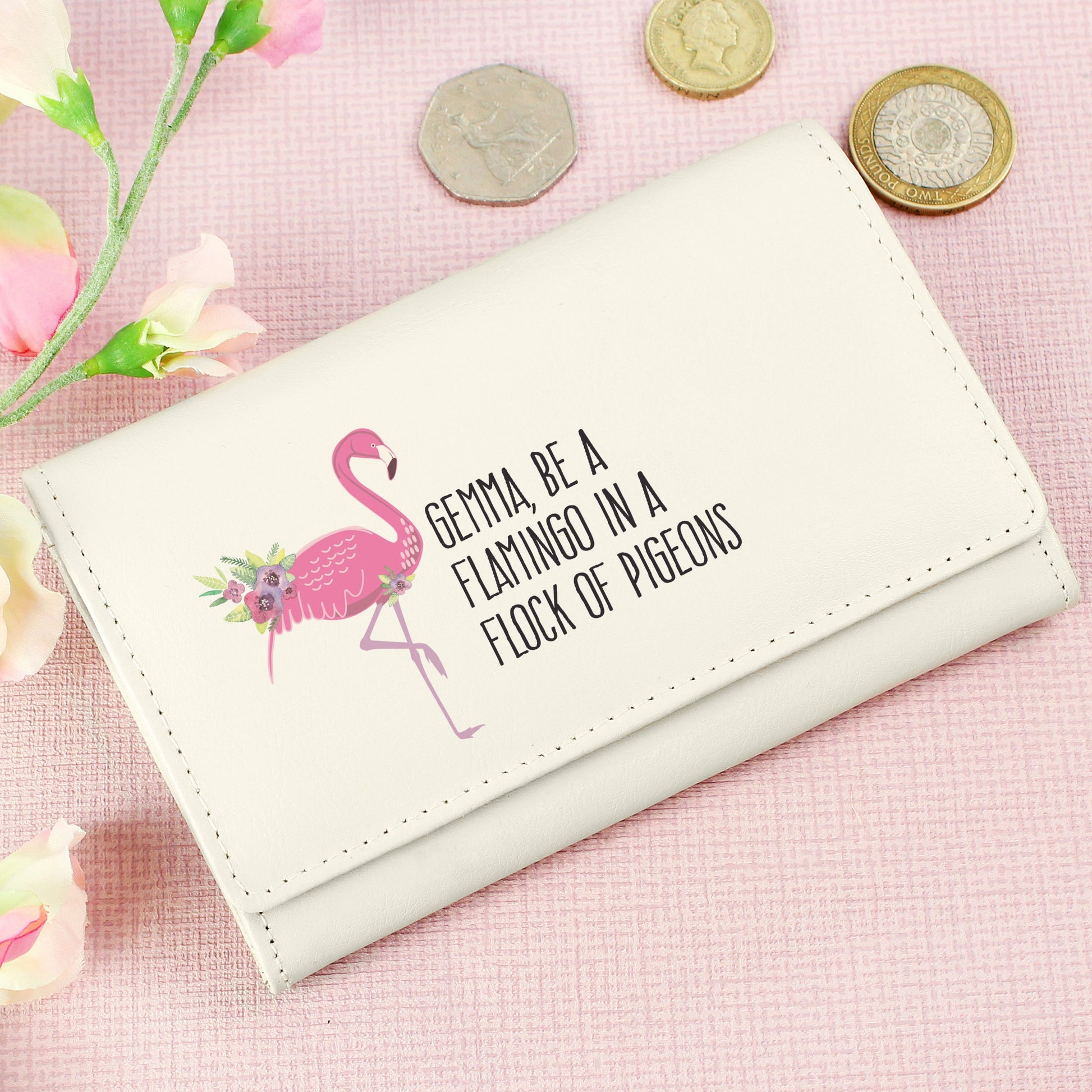 Personalised Flamingo Cream Leather Purse