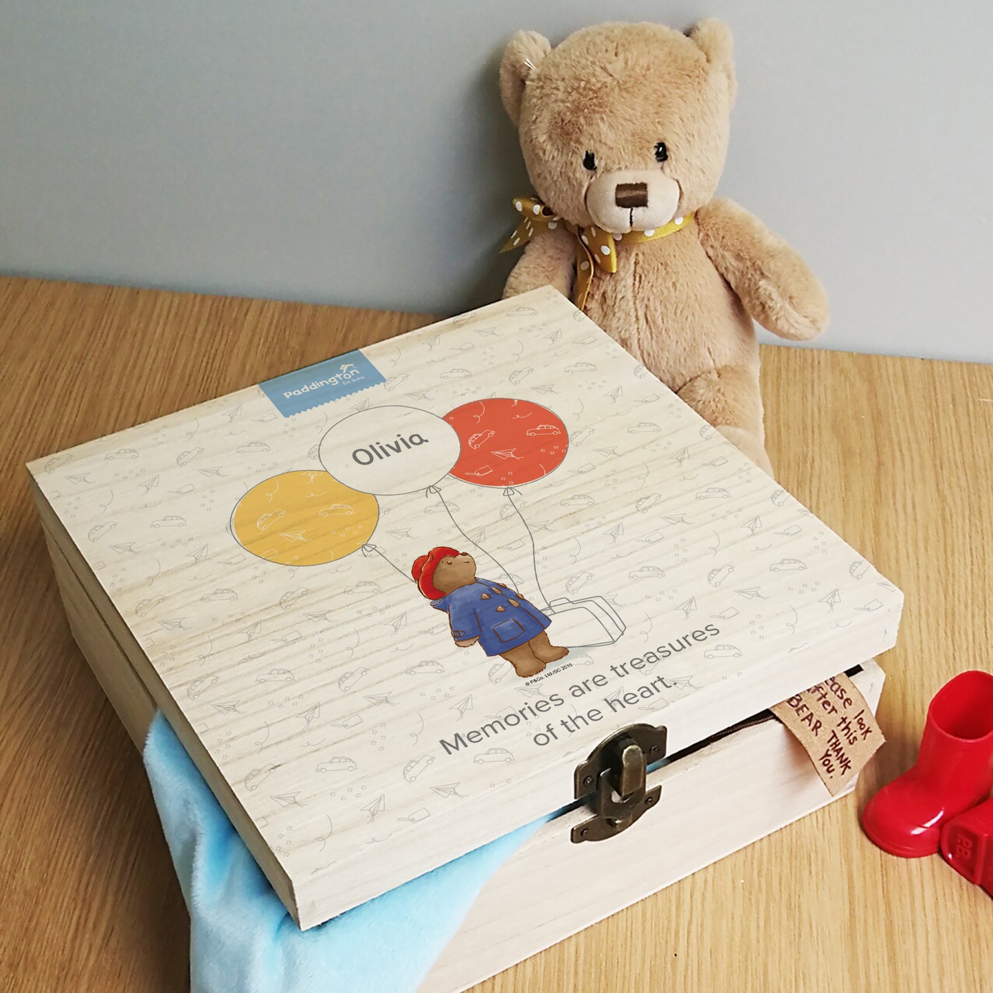 Personalised Paddington Bear Balloon Hinged Memory box