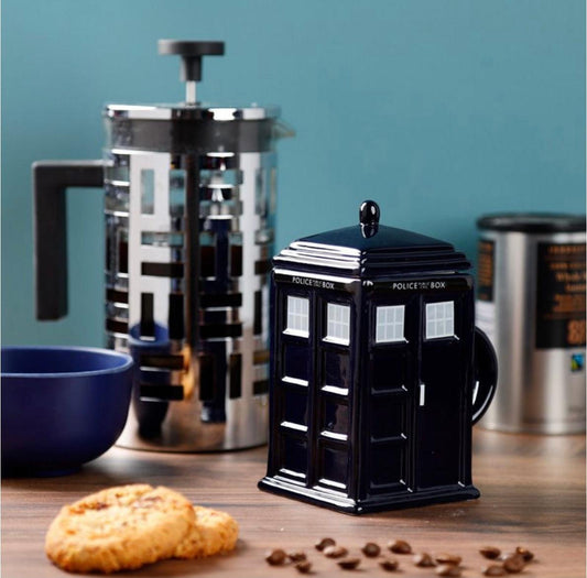 Novelty Square Police Box Ceramic Shaped Mug with Lid