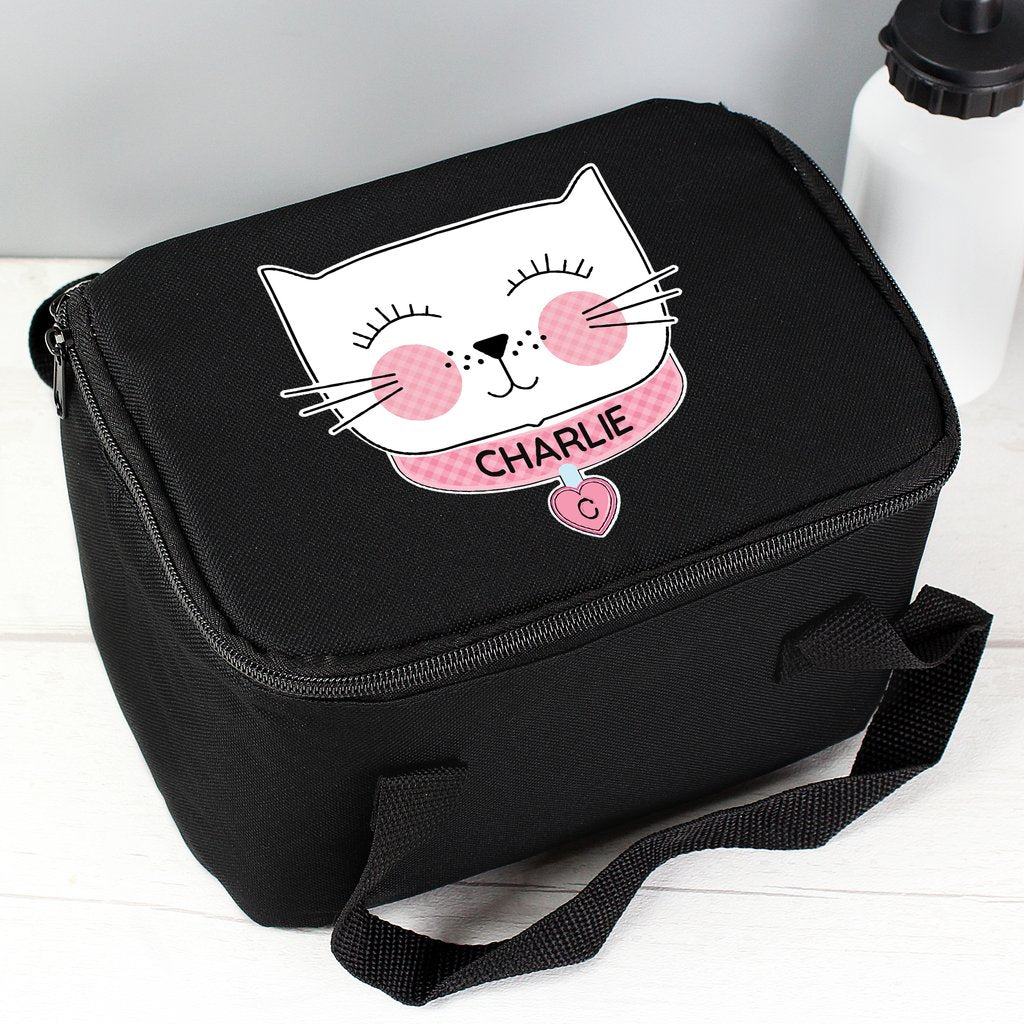 Personalised Cute Cat Black Lunch Bag