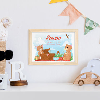 Personalised Teddy Bear Picnic Natural Framed Print