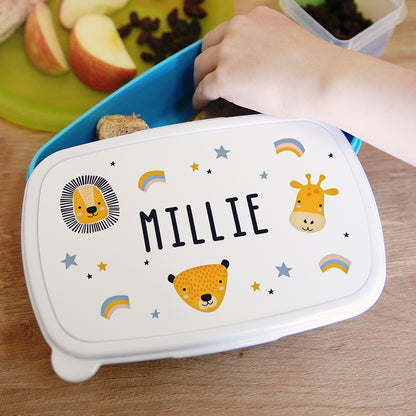 Personalised Safari Animals Blue Lunch Box