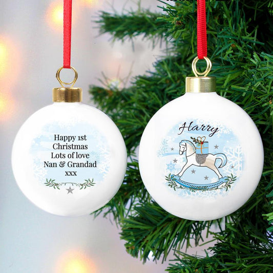 Personalised Blue Rocking Horse Christmas Bauble