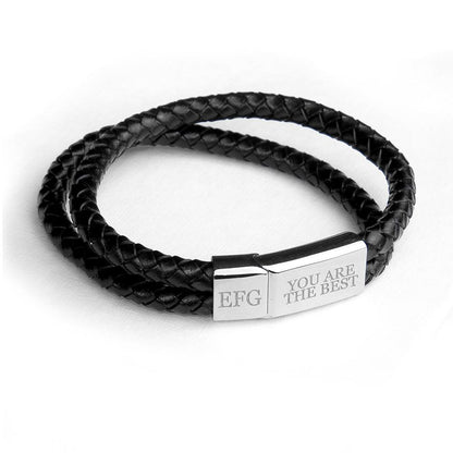 Personalised Men's Dual Leather Woven Bracelet In Black