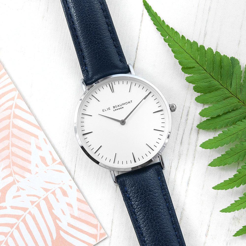 Elie Beaumont Ladies Personalised Leather Watch In Navy & Silver