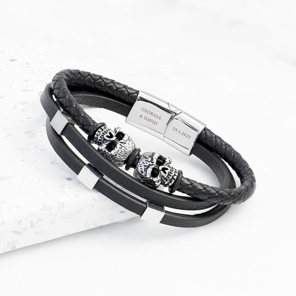 Personalised Men's Skulls Leather Rope Bracelet