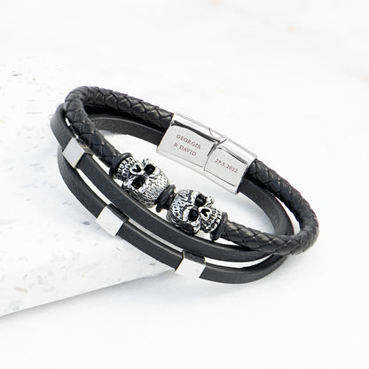 Personalised Men's Skulls Leather Rope Bracelet