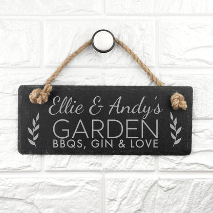 PERSONALISED OUR GARDEN SLATE HANGING SIGN