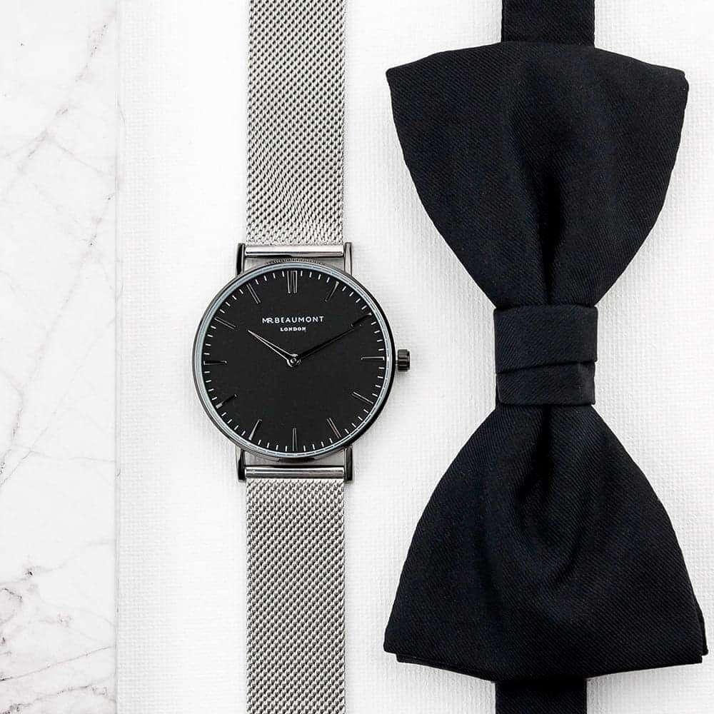 Engraved Men's Metallic Silver Mr Beaumont Watch With Black Face - Myhappymoments.co.uk