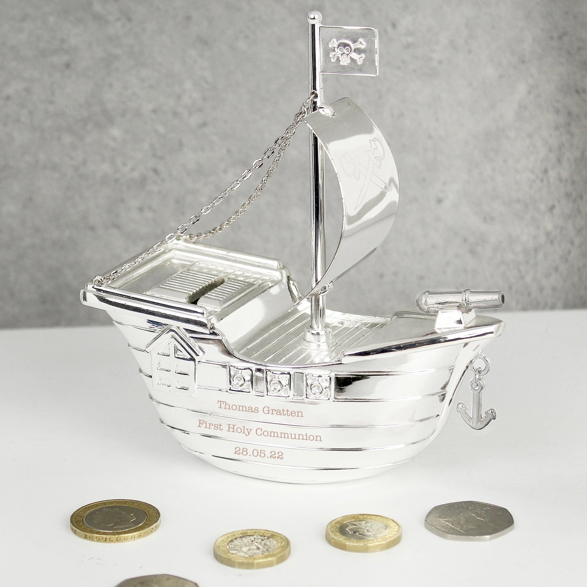 Personalised Silver Plated Pirate Ship Money Box