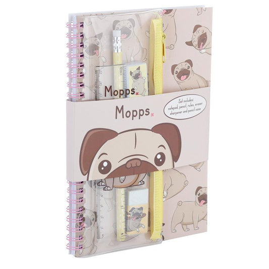 Mopps Pug Ring Bound Notepad & Pencil Case 6 Piece Stationery Set