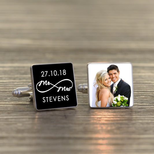 Personalised Mr & Mrs Infinity Wedding Photo Cufflinks - Myhappymoments.co.uk