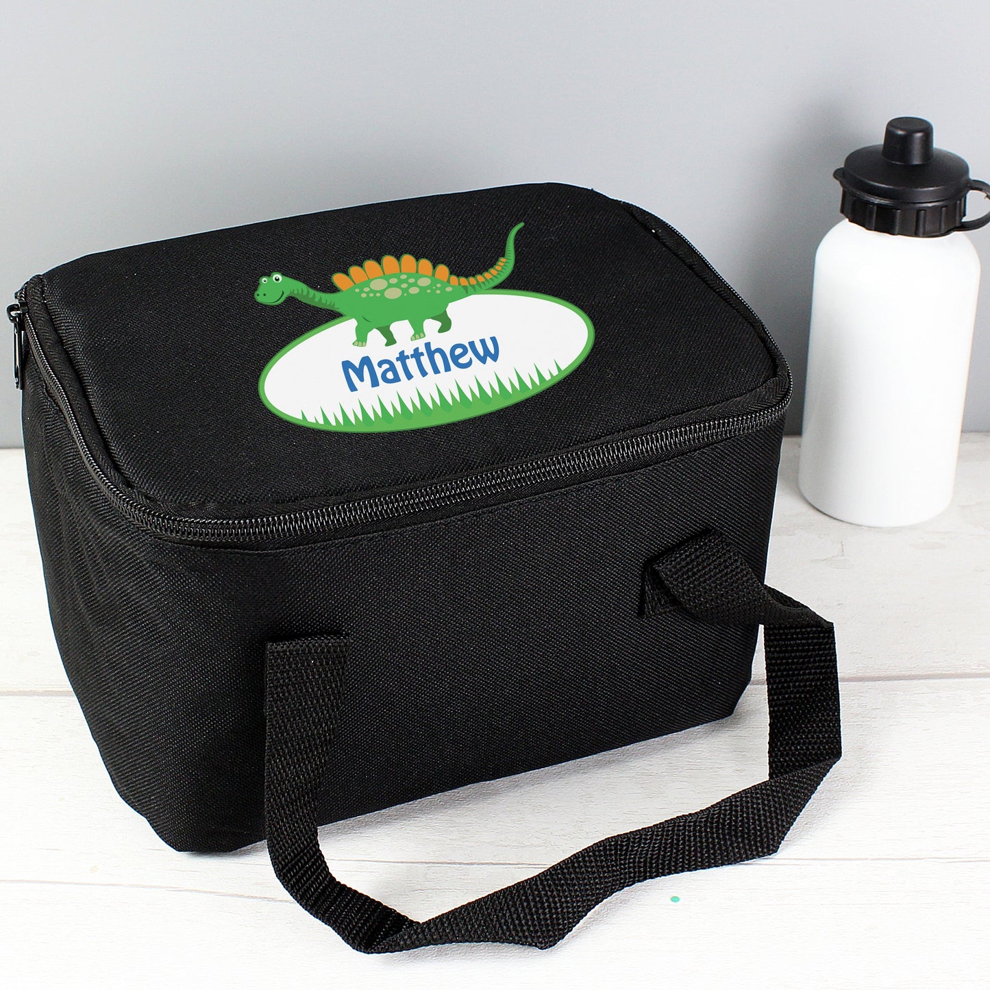 Personalised Dinosaur Black Lunch Bag