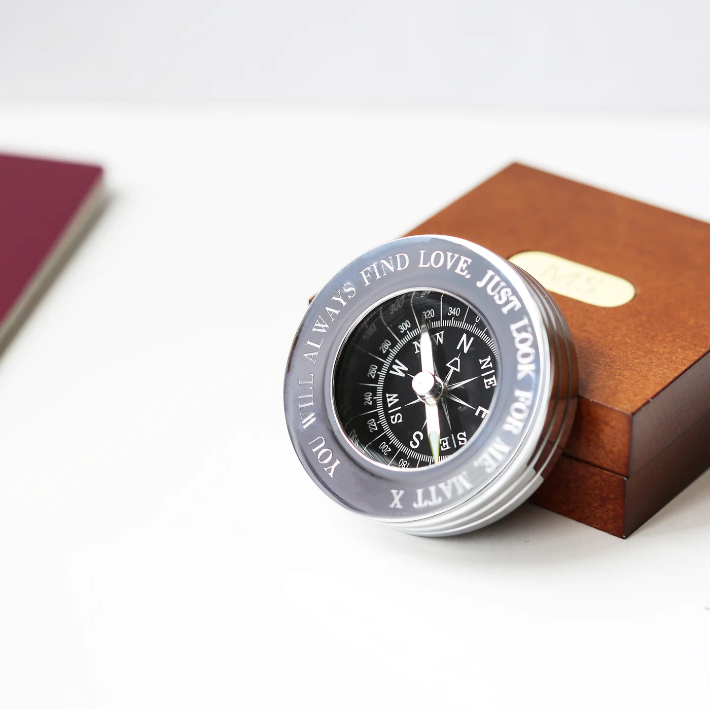 Personalised Engraved Brass Silver Chrome Compass With Timber Box & Gift Box