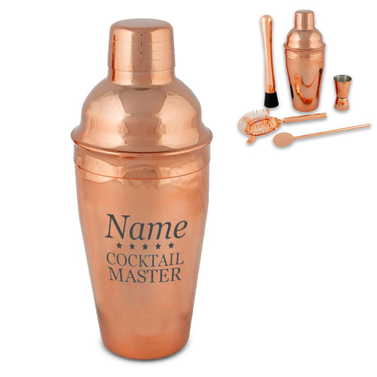 Engraved Rose Gold Cocktail Shaker Set with Cocktail Master Design Image 1