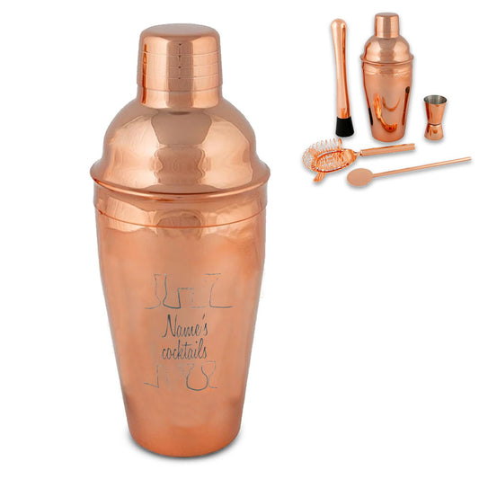 Engraved Rose Gold Cocktail Shaker Set with Cocktail Design Image 1