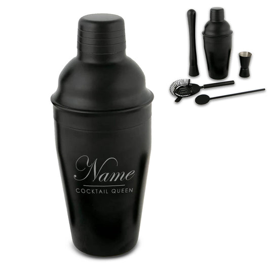 Engraved Black Cocktail Shaker Set with Cocktail Queen Design Image 1