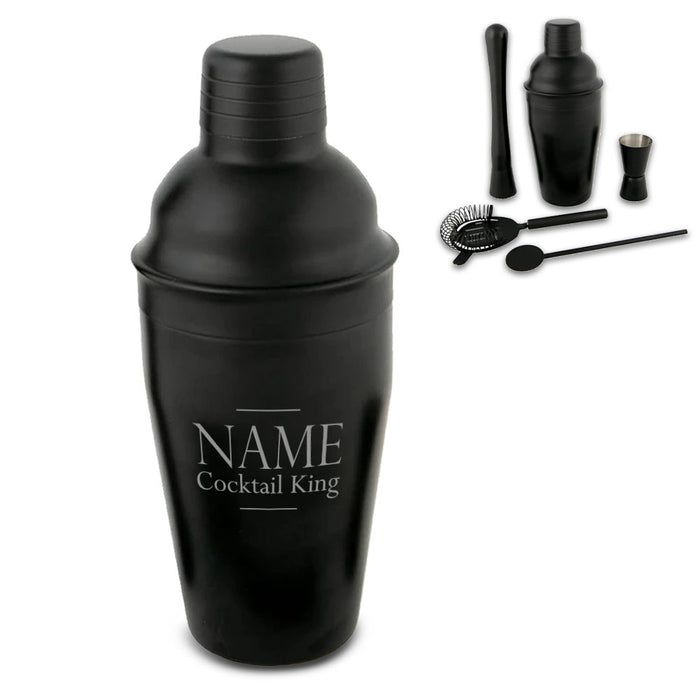 Engraved Black Cocktail Shaker Set with Cocktail King Design Image 2