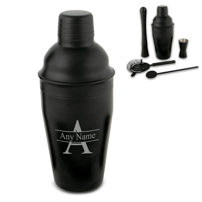 Engraved Black Cocktail Shaker Set with Initial and Name Design Image 2