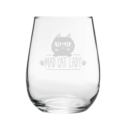 Funny Novelty Mad Cat Lady Stemless Wine Gin Glass