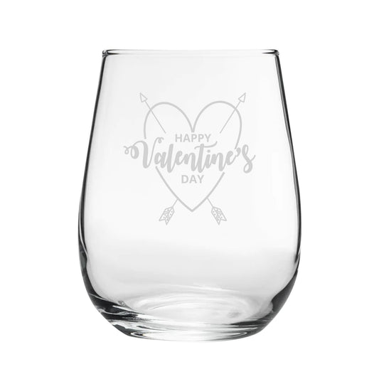 Happy Valentine's Day Heart Design - Engraved Novelty Stemless Wine Gin Tumbler Image 1