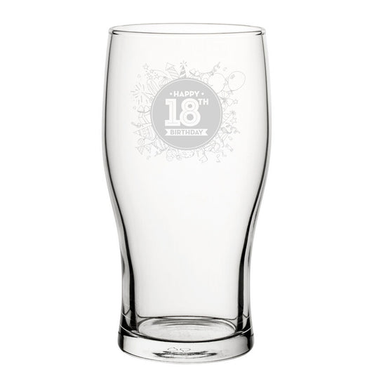 Happy 18th Birthday Round - Engraved Novelty Tulip Pint Glass Image 1