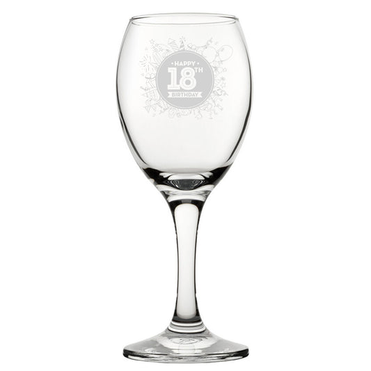 Happy 18th Birthday Round - Engraved Novelty Wine Glass Image 1