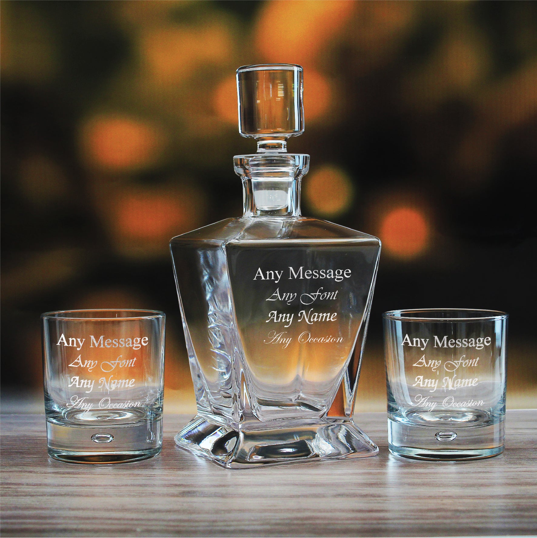 Engraved 2 x 11.5oz Bubble Whisky glasses and 750ml Tapered Square Decanter Any message Set Image 1